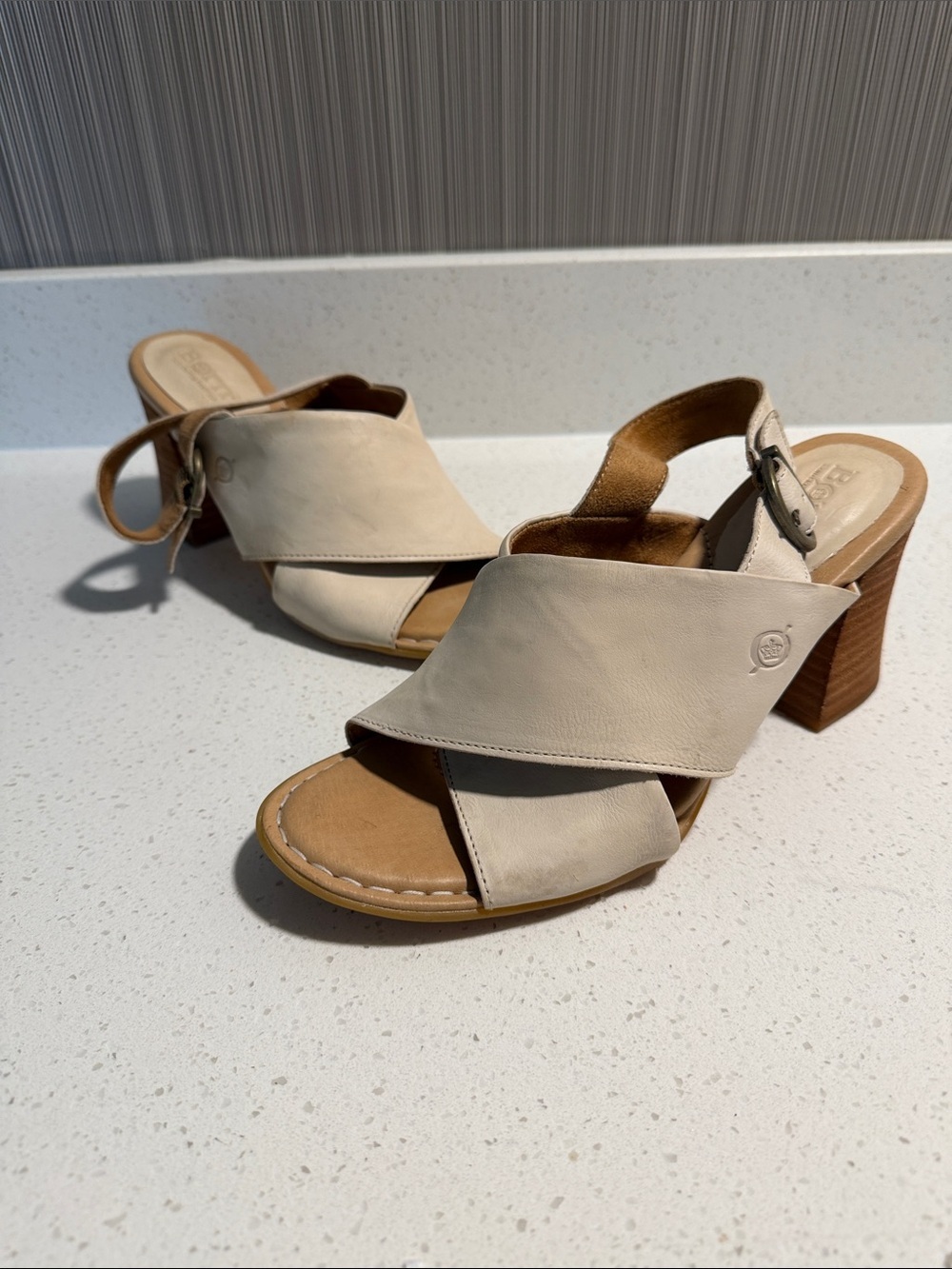Born Cream Crisscross Slingback Block Heel Sandals